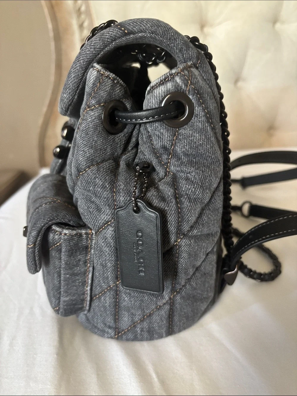 Coach Quilted Tabby Backpack Washed Grey Denim